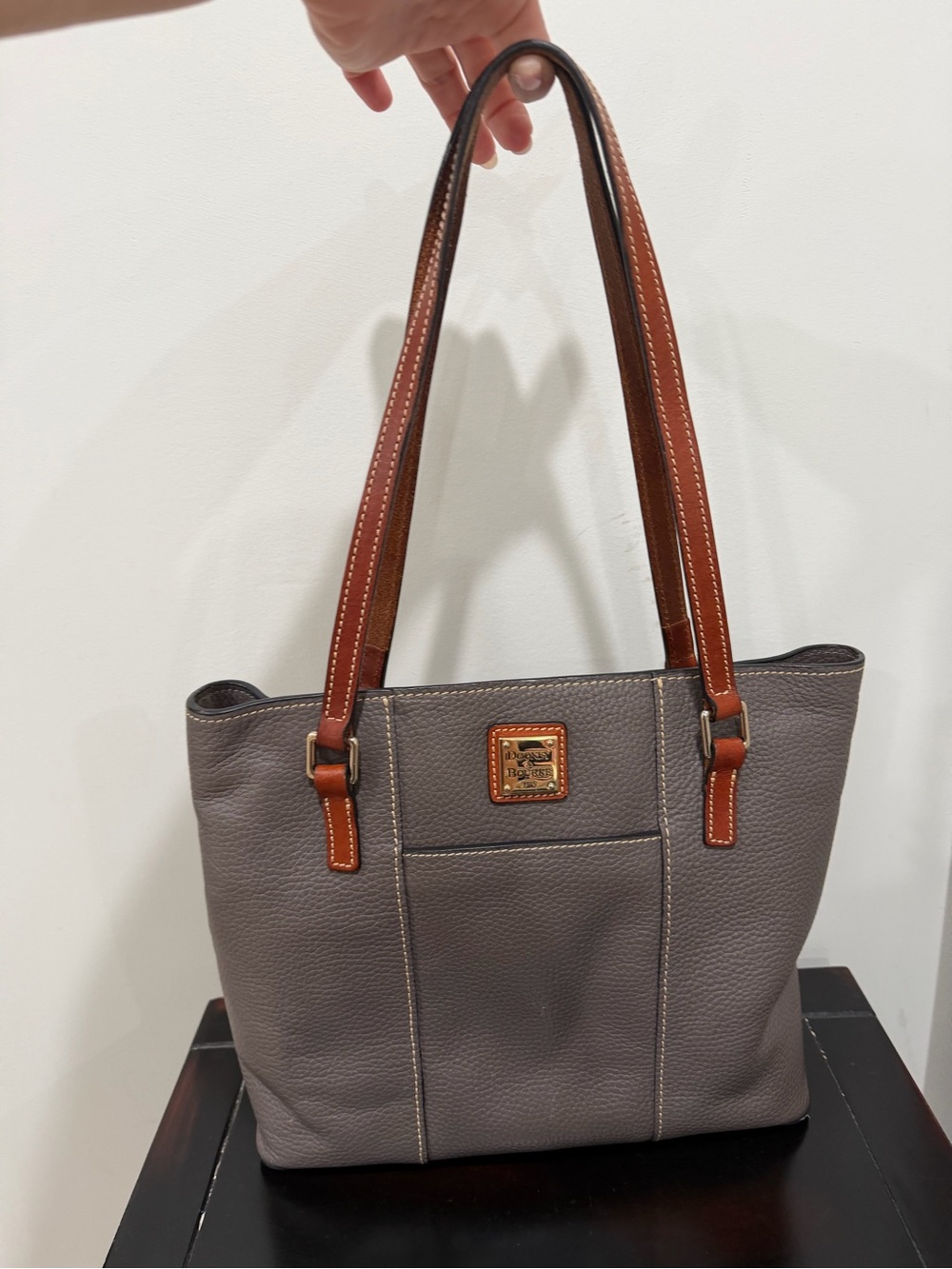 Dooney & Bourke Gray Leather Shoulder Tote with Brown Trim